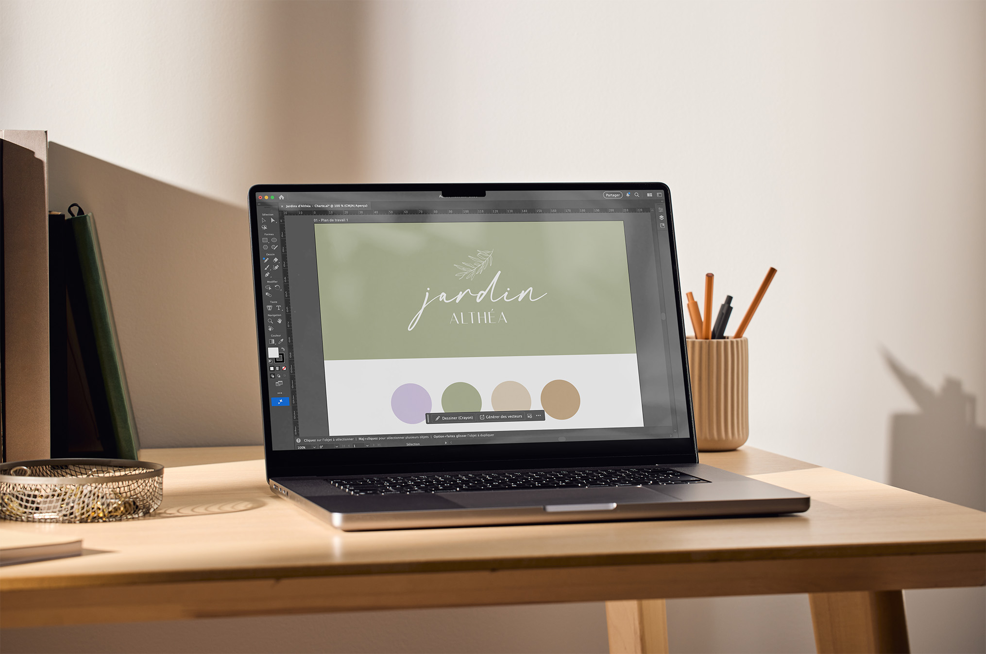 Ordinateur sur un bureau avec le logo d'un client et sa palette de couleur