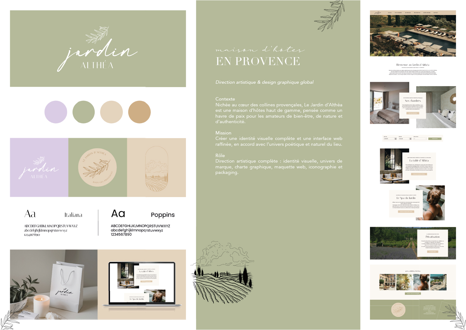 Page portfolio d'une maison d'hôte en Provence, création de logo, charte graphique, palette de couleur, packaging, site internet