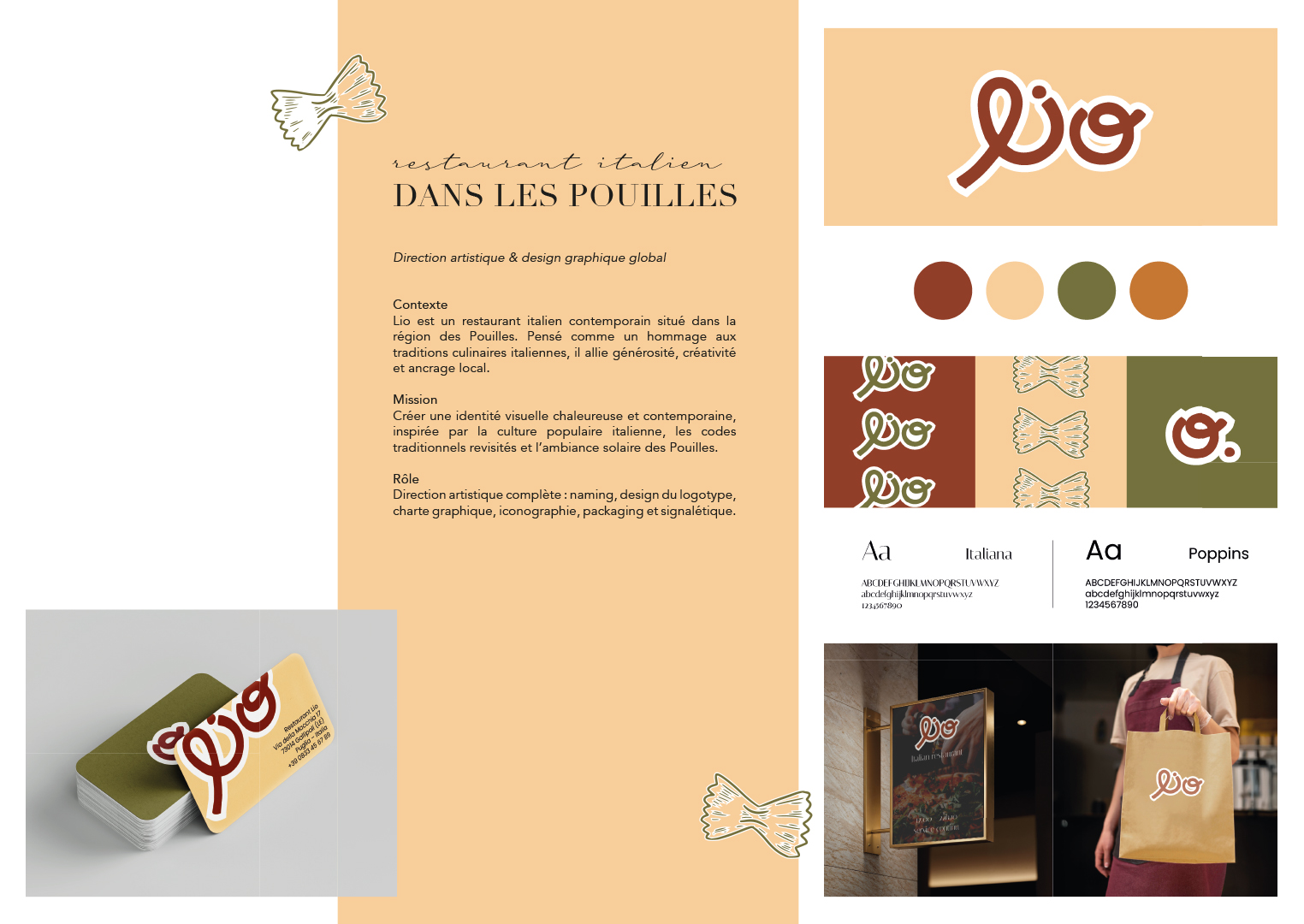 Page portfolio, logo, carte de visite, illustration, enseigne et sac take away