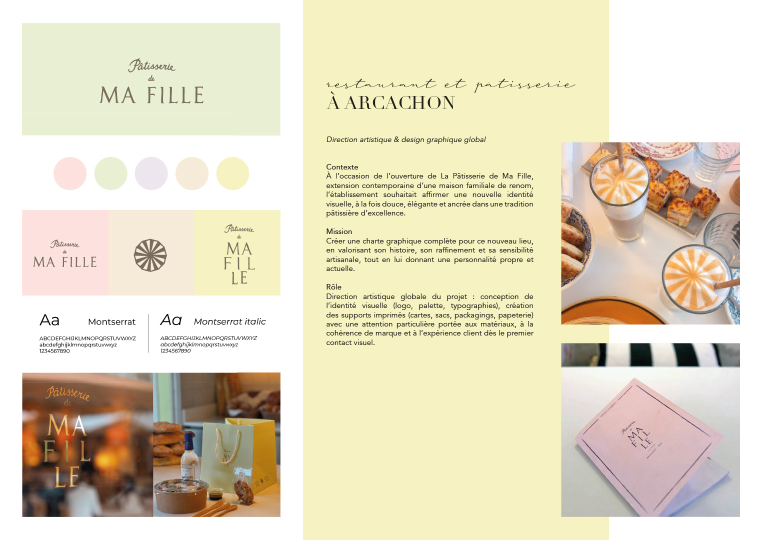 Page portfolio d'une identité visuelle, logo, charte graphique, support de communication, carte du restaurant