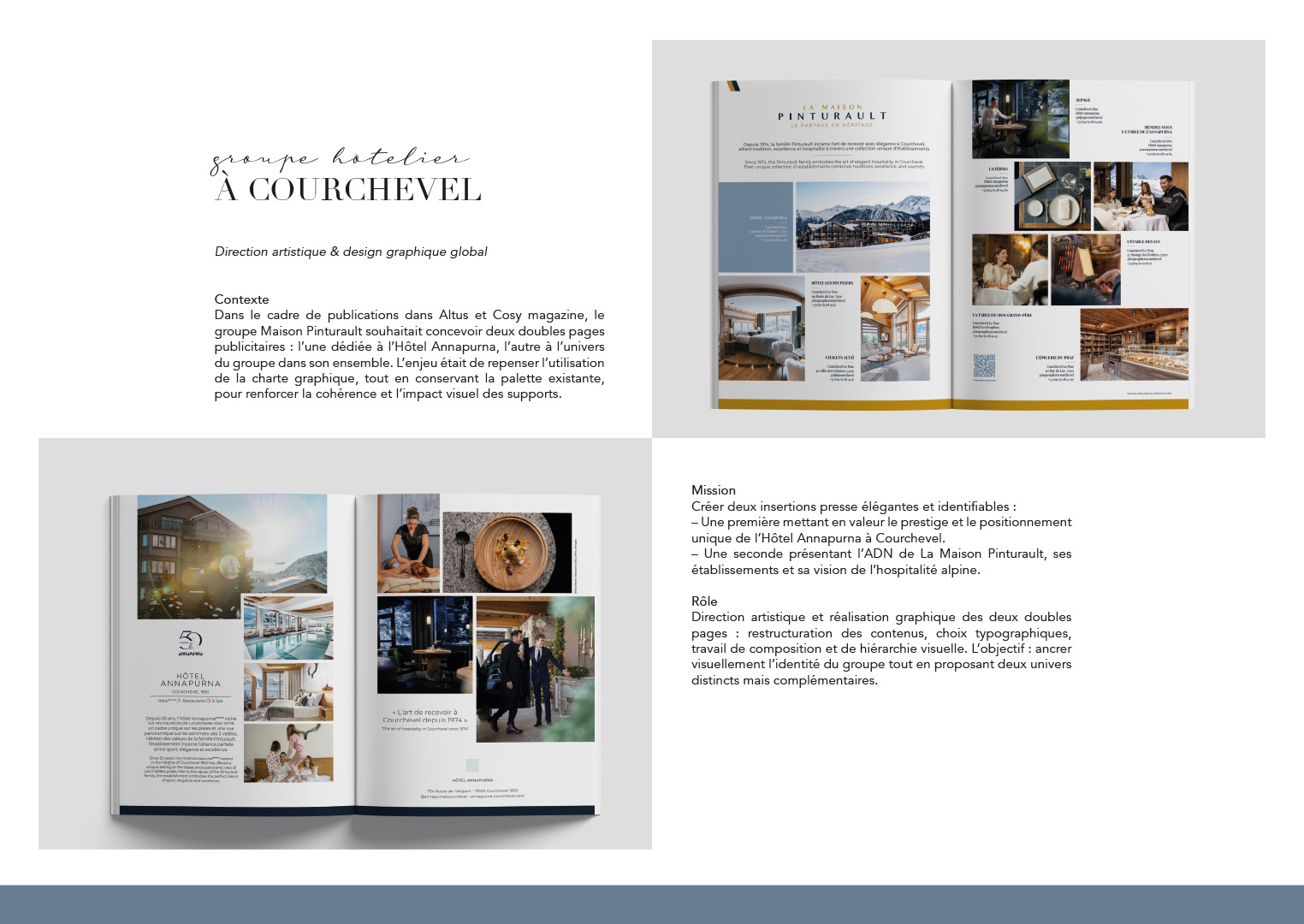 Page portfolio sur les insertions publicitaires de la Maison Pinturault et de l'hôtel Annapurna